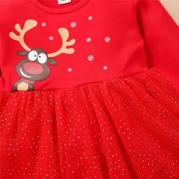 Djevojka s dugim rukavima mreže od pređe haljina moda Božić jelena okrugli izrez djeca princeza haljina za 1-4Т