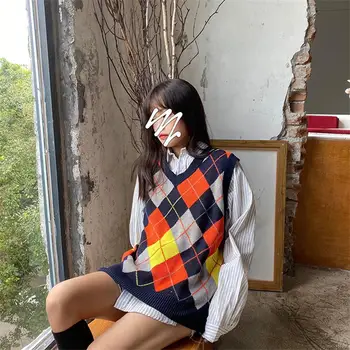 Ženski veste japanski Kawai Ulzzang berba fakultet boju blok dijamant džemper ženski korejski Harajuku odjeća za žene