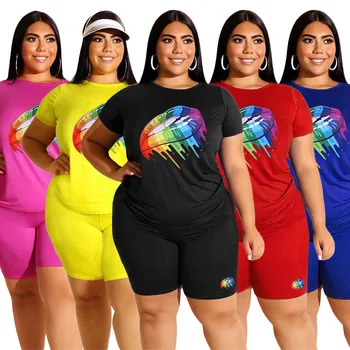 Lady Rainbow Lip Print Two Piece Suit Casual Women Loose 4Xl 5XL Oversize Summer Solid Tracksuit O-izrez kratkih rukava fitness kit