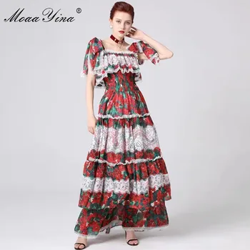 MoaaYina Fashion Designer Runway dress proljeće ljeto ženske haljine špageti remen cvjetni print volanima čipke maxi haljine