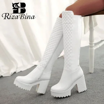 RIZABINA Keep Warm u koljena Visoke Čizme For Women Platform High Heels Shoes Winter Side Zipper Round Toe Cipele Woman Size 34-43