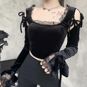 Y Demo Gothic Seksi Lace T-shirt Women Hollow Out Lace Up ramena Harajuku baršunasti pulover