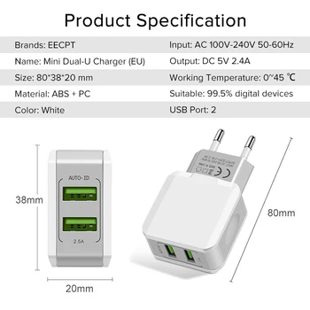 EECPT prijenosni double USB punjač za iPhone XS 5V 2.4 A mobilni telefon brzo punjenje za Samsung, Huawei Wall Charger Adapter EU Plug