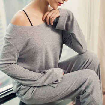 Ženska pidžama skup jednobojnu pun rukav modalne pidžama pun rukav top duge hlače skup Lounge u slobodnom stilu O-izrez pidžama