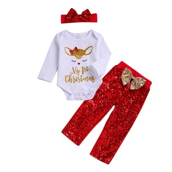 FOCUSNORM novorođenog djeteta djeca dječak djevojčica Božić biranje odjeće za ispis jelen ispis vrhovima klizači + flamingo hlače odijela 3 kom.