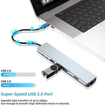 Tebe USB Type-C Hub To 4K HDMI RJ45, USB SD / TD Card Reader PD brzo punjenje 8-u-1 Višenamjenski adapter za MacBook Pro