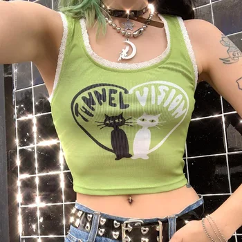 Harajuku slatka ispis obrezivanje Mike Y2K estetika vrećice pletene majice Seksi Club gothic punk prsluk ulica 2020 Ženska odjeća