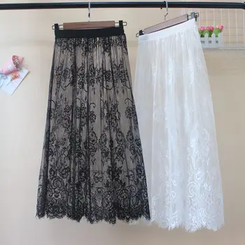 Žene Seksi Čipke Mreže Duga Suknja Vintage Ljeto Korejski Visokim Strukom Elastični Trapeza Prozirni Tila Crno Bijeli Midi Suknja 142